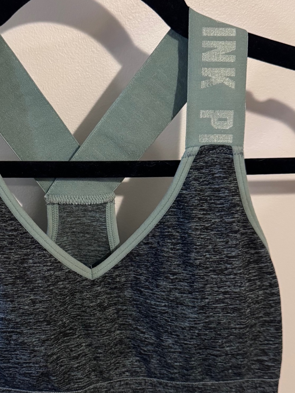 PINK Victoria's Secret Heathered Charcoal Sports Bra with Mint Straps - Picture 2 of 4